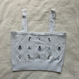 Embroidered White Knit Tank Top